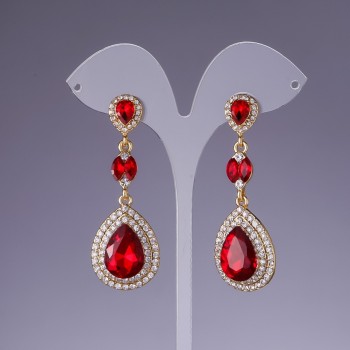 Earrings with red crystals, 6 cm long, yellow metal