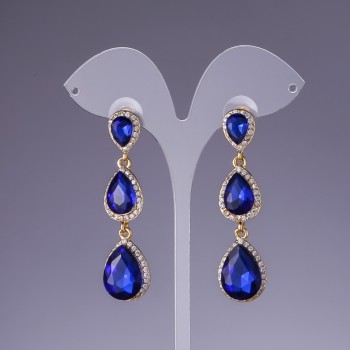 Earrings with ultramarine blue crystals, 6 cm long, yellow metal