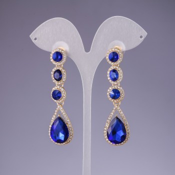 Earrings with blue crystals, 6 cm length, yellow metal