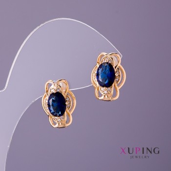 Xuping Earrings with Blue Stones, 11 mm Diameter, 15 mm Length, 18K Gold Plating