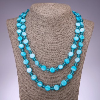Long Necklace with Blue Mother-of-Pearl Coin, 120 cm