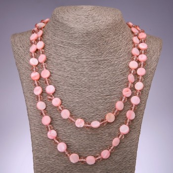 Long Necklace Pink Mother-of-Pearl Coin, 120cm