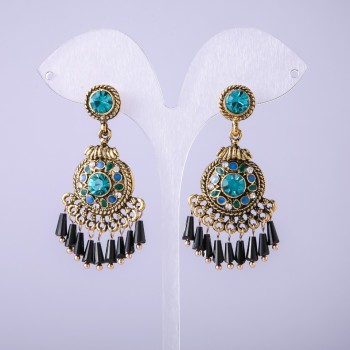 Earrings in Eastern style with green crystals, 20 mm long
