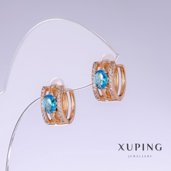 Earrings Xuping with blue zircon "Topaz", length 13 mm, thickness 7 mm, 18K gold plating