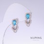 Xuping Earrings with Blue Cubic Zirconia Topaz, 17mm long, 10mm thick, Rhodium-plated