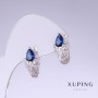 Xuping Earrings with Blue Zircons, 19mm Length, 10mm Thickness, Rhodium-Plated