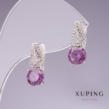 Xuping Earrings with Violet Zircons, 17x7 mm, Rhodium-Plated