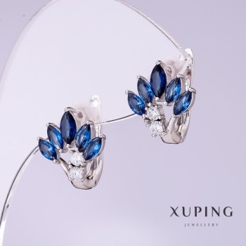 Xuping earrings with blue cubic zirconia 'Fan', 12 mm Diameter, 15 mm Length, Rhodium-Plated