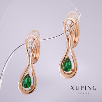 Xuping Earrings with Green Stones, 25×8 mm, 18K Gold-Plated