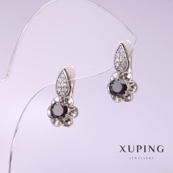 Xuping Earrings with Black Stone 16x9mm Rhodium