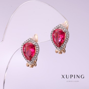 Xuping Earrings with Raspberry-Colored Stone, 10x14 mm, 18K Gold Plating