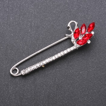 Brooch pin with red glass crystals, 73×22 mm, white metal