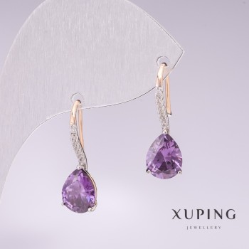 Xuping Earrings with 18K Gold Plating, Rhodium Coating with Purple Stones and White Crystals, 21x7 mm