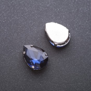 Blue teardrop sew-on crystal on a metal pin, 13×18 mm