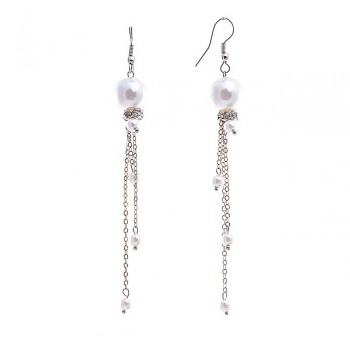 Drop earrings with white pearls (them) and rhinestones on chains, silver-tone metal, 95mm
