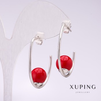 Xuping Hoop Earrings with Red Mallorca Pearl, Rhodium-Plated