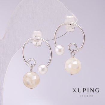 Xuping Hoop Earrings with Mother-of-Pearl Beads, 17x23 mm, Rhodium