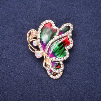 Butterfly Brooch with White Crystals and Enamel in Red, Green, and Purple; 40×33 mm; Yellow Metal