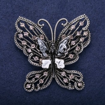 Butterfly Brooch with Gray Rhinestones, 55x57 mm, Silver Metal
