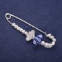 Brooch Pin 'Flower Fan' with White Crystals and Blue Stones, 70x25 mm, Silver Metal