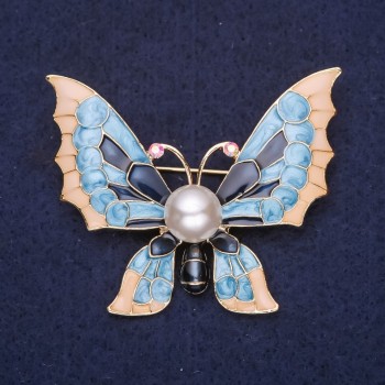 Blue and Beige Pearl Inlay Butterfly Brooch, 40×50 mm, Yellow Metal