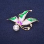 Brooch 'Butterfly' with white crystals, enamel, green, white and lilac colors, with pearl bead, 40x30 mm, yellow metal