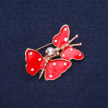 Brooch 'Butterflies' enamel red color 32×26mm yellow metal