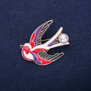 Swallow Brooch with Enamel in Red, White, Black, and Purple, 39×30 mm, Gold-Tone Metal