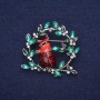 Brooch 'Bird on a Branch' with crystals and enamel, in red, green and burgundy, 38x40 mm, silvery metal