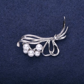 Clearance Bouquet Brooch with White Pearl Beads, 50×22 mm, Silver-Tone Metal