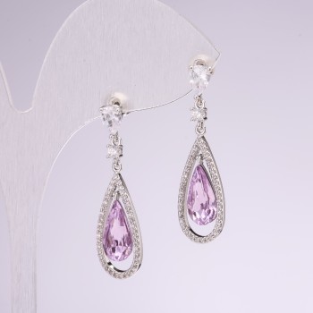 Drop earrings, 925 series, with stones, lilac color, 10x35 mm, silver metal