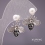 Xuping Bees Stud Earrings with Mallorca Pearls, White, 22x18 mm, Rhodium