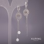 Xuping Long Asymmetric Earrings with Mallorca Pearls, White, 15x70 mm, Rhodium-plated