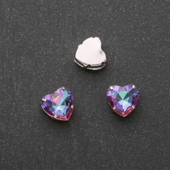 Price per pack / 10 pcs. Sewn-in crystal on pin Heart 12mm Green-Raspberry