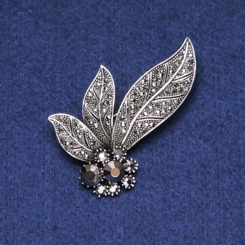 Brooch Leaves with Rhinestones, Grey Metal 60mm