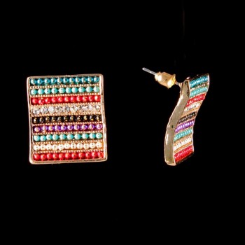 Сережки-пусети Квадрат, кольорові стрази, метал під золото, 20мм