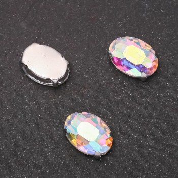 Price per pack / 10 pcs. Sew-on crystal in prong setting, Oval 10×14 mm, iridescent