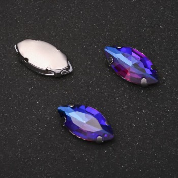 Price per pack of 10 pcs. Sew-on crystal in cap setting, Oval 9x18mm blue-magenta