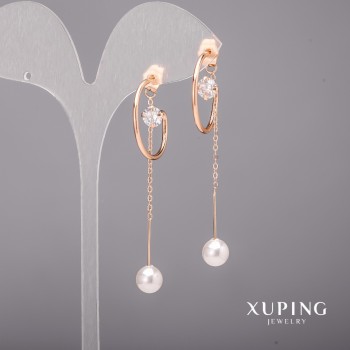 Xuping Earrings with White Stones and Majorca Pearls 23x64 mm 18K Gold Plating