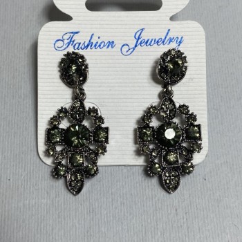 Stud earrings with pendant, dark and light crystals, silver-tone metal, 40 mm