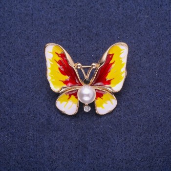 Butterfly Brooch with Pearl Bead and Enamel, 30x35mm, Yellow Metal