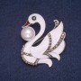 Swan Brooch with Enamel, Bead, and Crystals, Silver-Tone Metal 44x46mm