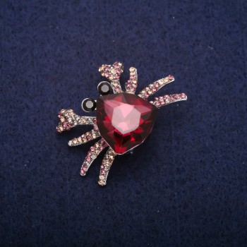 Crab Brooch with Raspberry Crystals, Gray Metal 27×37 mm
