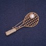 Tennis racket brooch with ball bead, golden metal, white crystals, 22x56mm