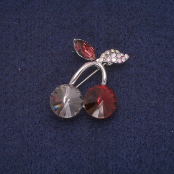 Cherry Brooch with Stones and Crystals, color Gray-Burgundy-Chameleon, 24×29 mm, Silver Metal
