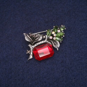 Brooch Twig with Red and Green Crystals and Rhinestones, Gray Metal 25×34 mm