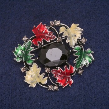 Leafy Brooch with Enamel and Crystal, Gray Metal 39x43mm