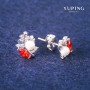 Xuping Stud Earrings with Red Crystals and Majorca Pearls, 8x13 mm, Rhodium-plated