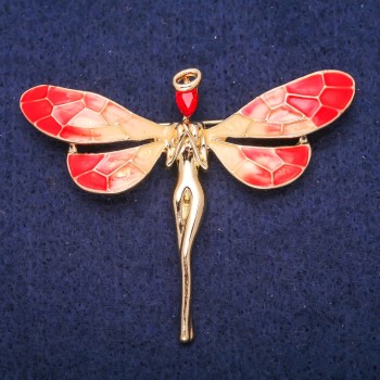 Fairy Brooch with Red Crystal and Enamel, Golden Metal 50x60mm