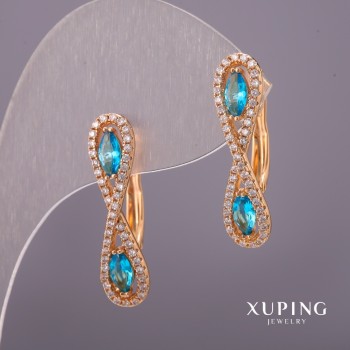 Xuping Earrings with White Crystals and Blue Stones, 6x25mm, 18K Gold Plating